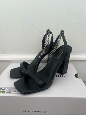 Call It Spring Black Chain-Ankle Block Heel Sandals